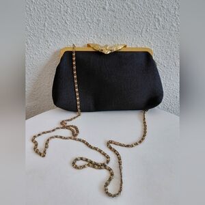 1960-80s Carla Marchi Black Ribbed Small Purse Evening Bag Gold Chain